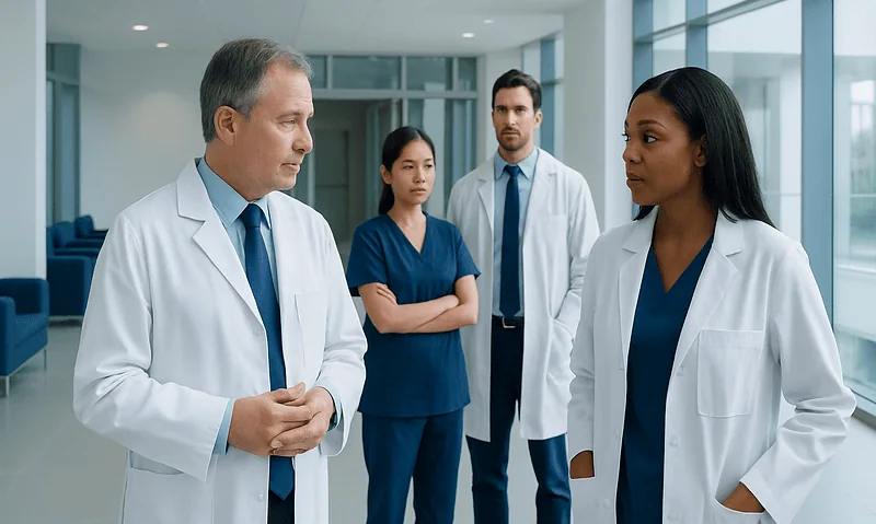 Medical team discussing patient care in a modern hospital corridor.