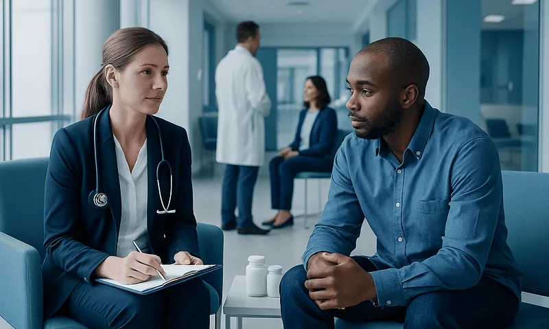 Psychiatric consultation with doctor and patient in hospital setting.