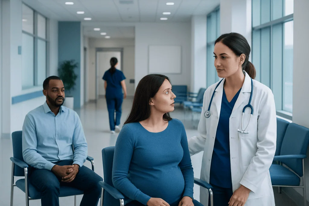 IVF Medication Protocols: Ovarian Stimulation and Monitoring Explained 1 Doctor consulting pregnant woman in hospital corridor with patient and nurse nearby.