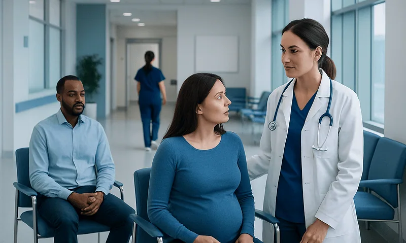 Doctor consulting pregnant woman in hospital corridor with patient and nurse nearby.