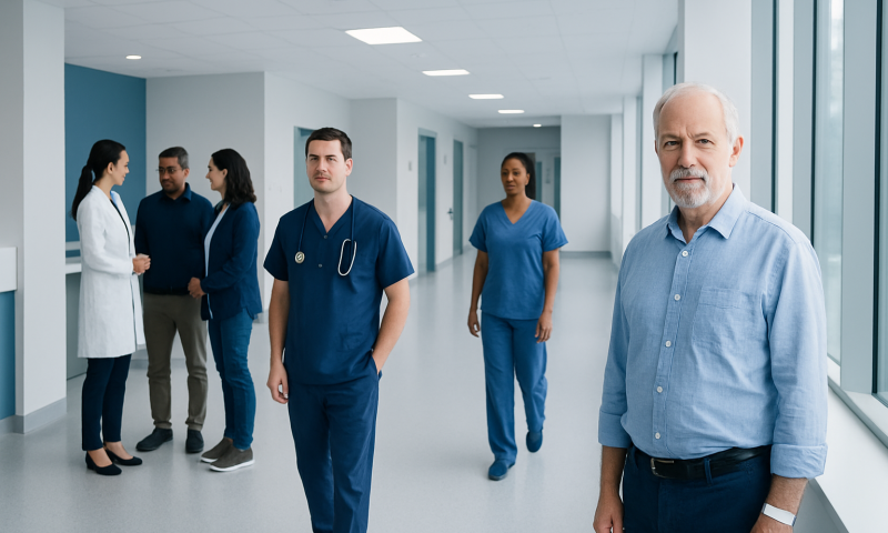 Medical team in hospital corridor with senior doctor and nurses.