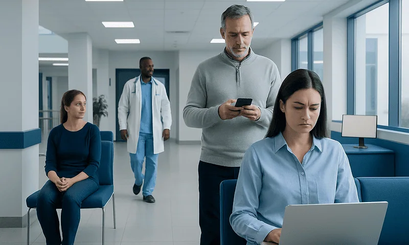 Patients and doctor in a hospital waiting area with digital devices.