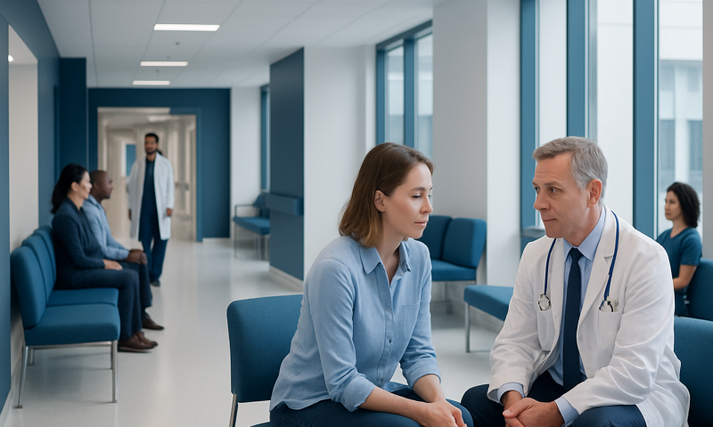 Doctor consulting with a patient in a hospital corridor.