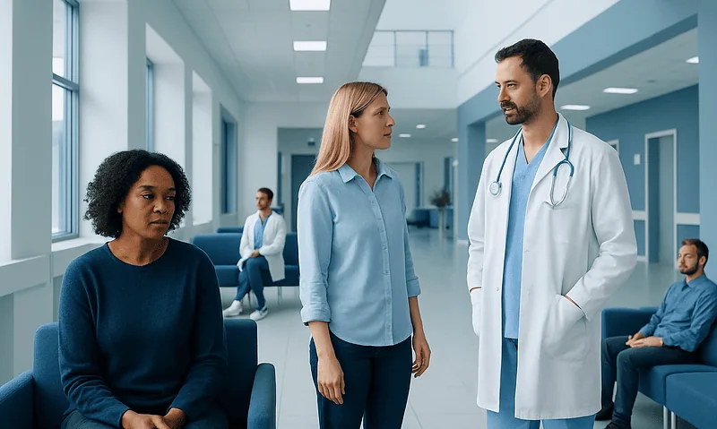 Doctor talking to a patient in a hospital waiting area.