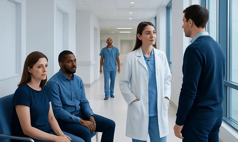 Medical team discussing patient care in hospital corridor.