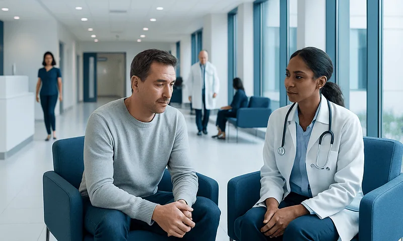 Patient consulting with a doctor in a modern hospital corridor.