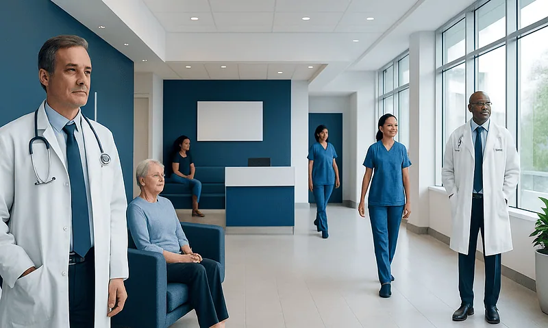 Medical team with patients in a modern hospital corridor.