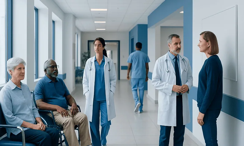 Medical team consulting with patient in hospital corridor.