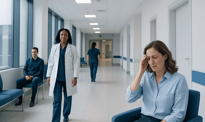 Patient experiencing headache in hospital corridor with medical staff nearby.