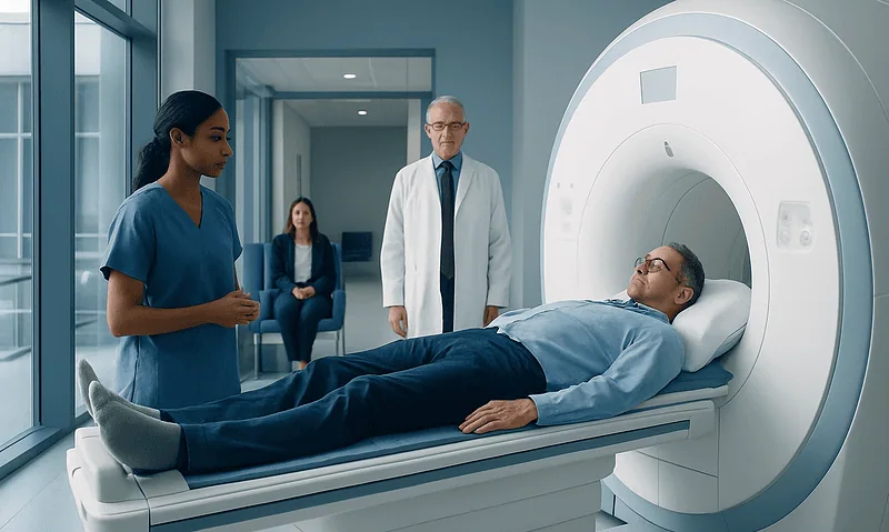 Patient undergoing MRI scan in a modern hospital setting.