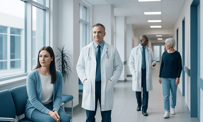 Medical professionals and patients in a hospital corridor.