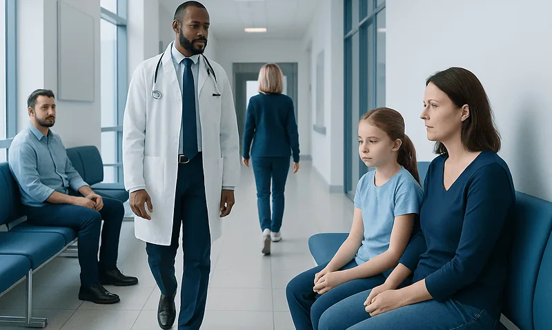 Doctor talking to a young girl and her mother in a hospital corridor.