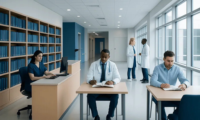Medical students studying in a modern hospital library with large windows.