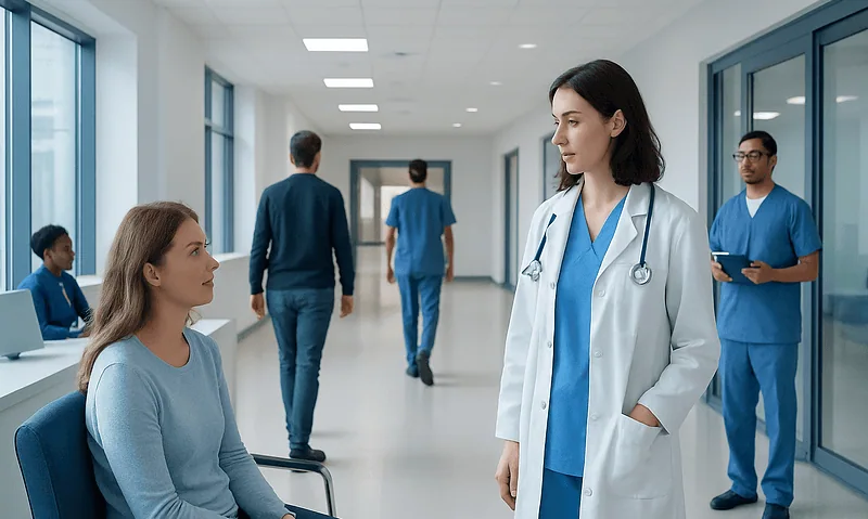 Doctor talking to patient in hospital corridor with medical staff in background.
