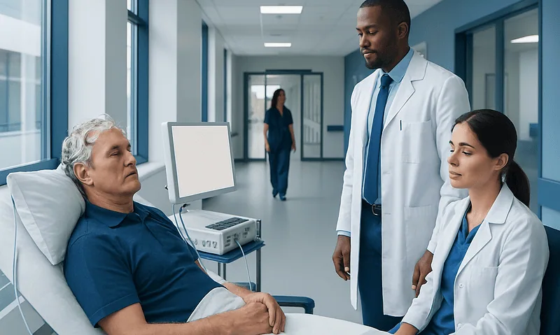 Doctor consulting patient in hospital corridor with medical staff nearby.