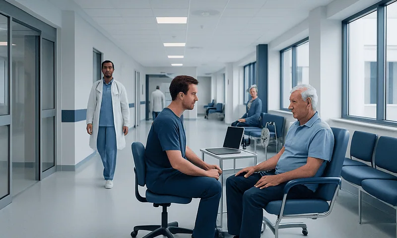 Doctor consulting with elderly patient in hospital corridor.
