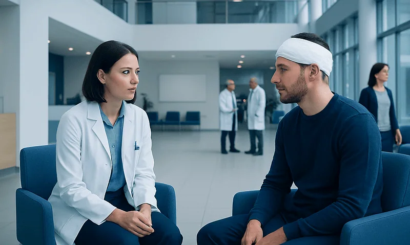 Health Library 7 Doctor consulting with patient in hospital lobby.