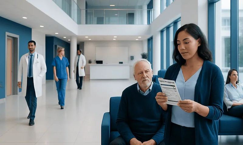 Hospital waiting area with staff and patients, modern medical facility.