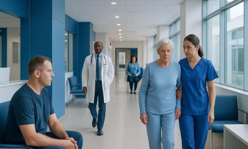 Patient walking with nurse in hospital corridor for post-surgery care.