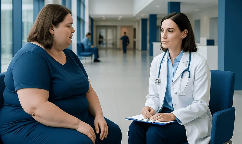 Bariatric patient consulting with a doctor in a hospital lobby.