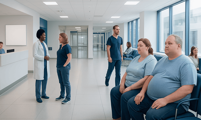 Patients waiting in a hospital corridor with medical staff nearby.
