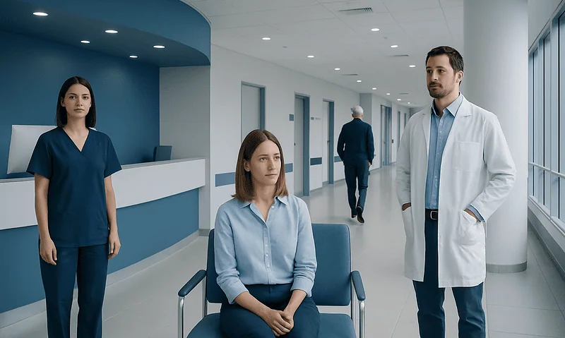 Medical professionals and patient in hospital corridor at Acibadem Hospitals Group.