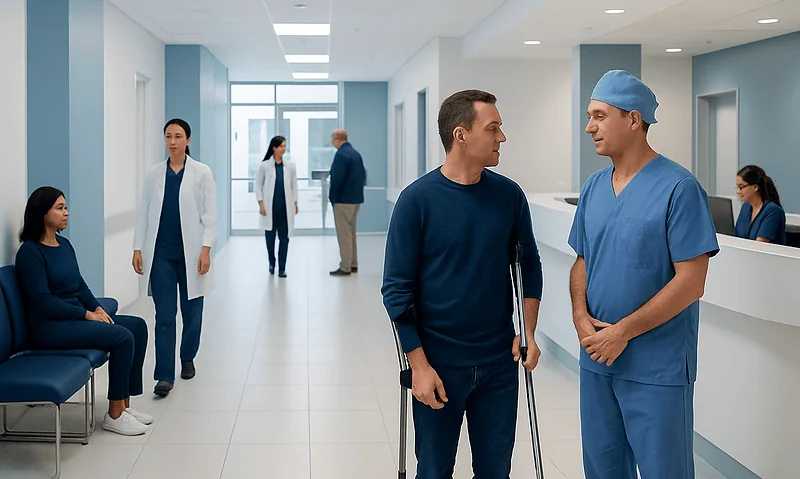 How Much Does Orthopedic Surgery Cost? Factors That Affect Price 17 Hospital corridor with medical staff and a patient in conversation.