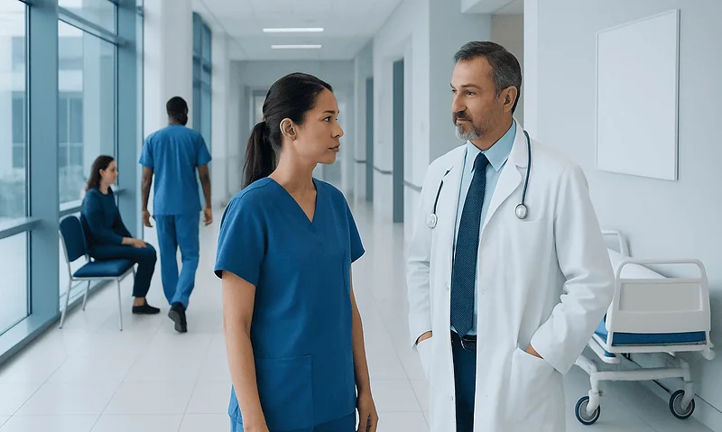 Healthcare professionals discussing in hospital corridor.