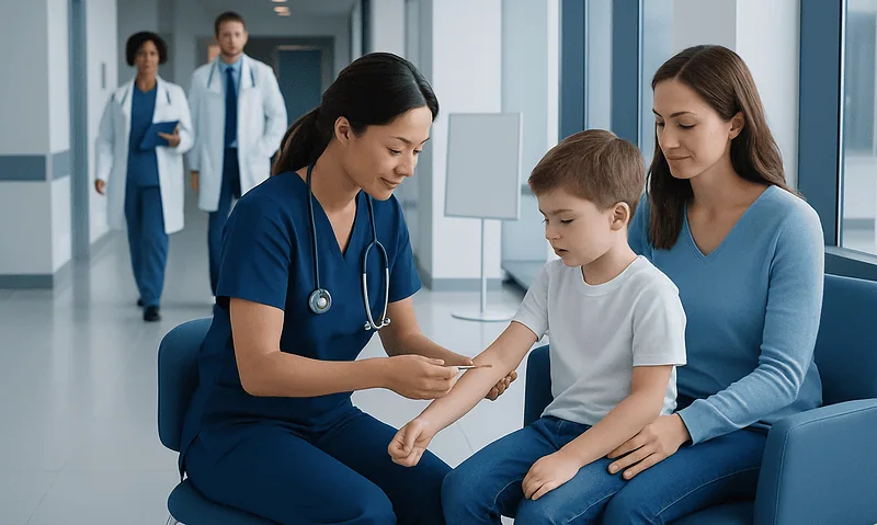 Pediatric blood test being performed by nurse in hospital setting.