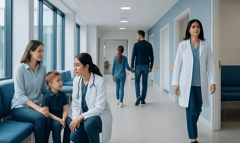 Myths About Pediatric Care: Facts Every Parent Should Know 9 Pediatric consultation in a modern hospital corridor with doctors and young patients.