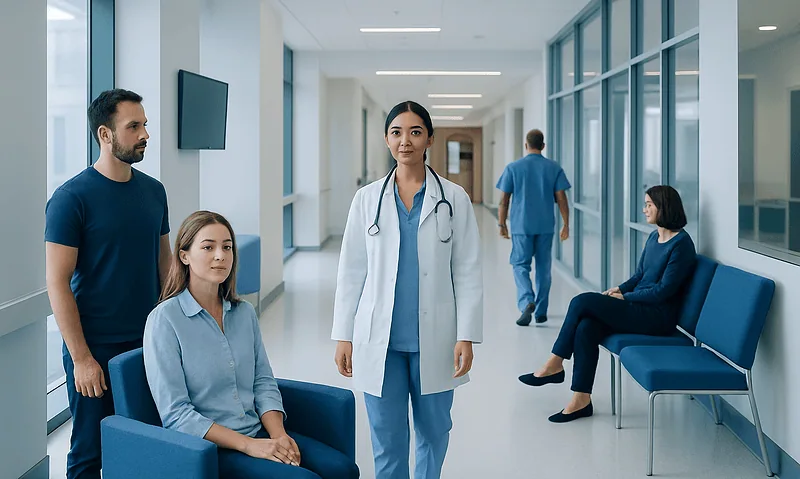 Medical staff and patients in a modern hospital corridor.