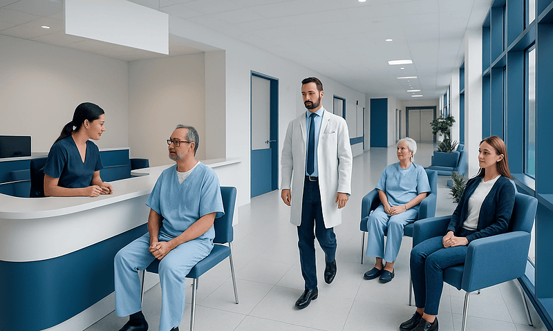 Hospital waiting area with patients and medical staff at Acibadem Hospitals Group.