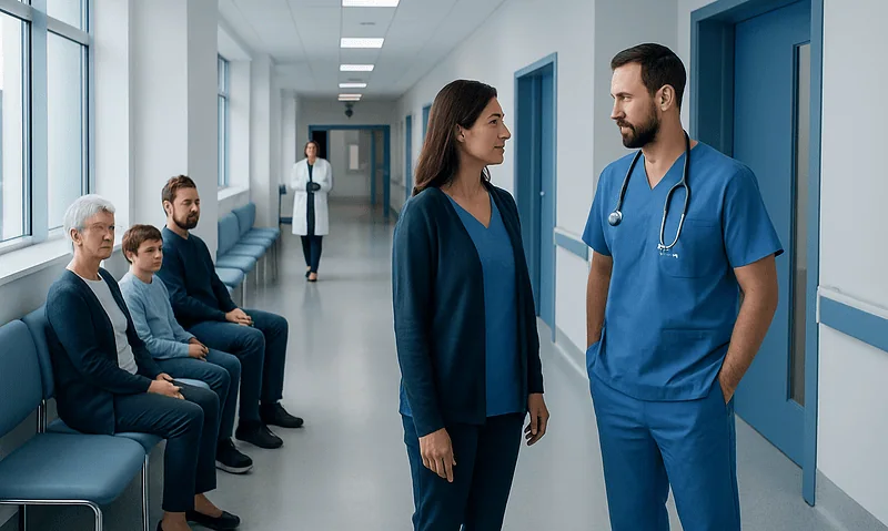 Hospital corridor with medical staff and patients waiting for ENT surgery.