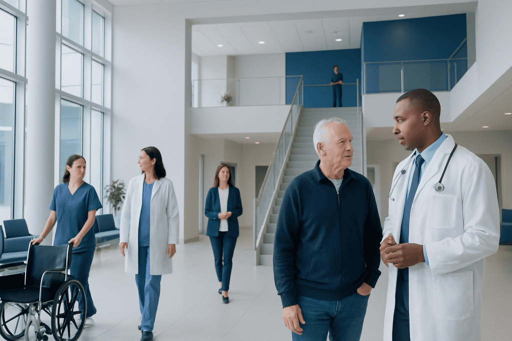 Preparing for Coronary Bypass Surgery: Tests, Medicines, and Questions to Ask 1 Doctor consulting with an elderly patient in hospital lobby.