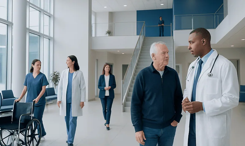 Preparing for Coronary Bypass Surgery: Tests, Medicines, and Questions to Ask 5 Doctor consulting with an elderly patient in hospital lobby.