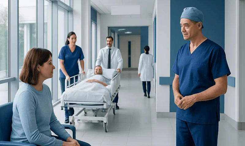 Medical team preparing for kidney transplant surgery in hospital corridor.
