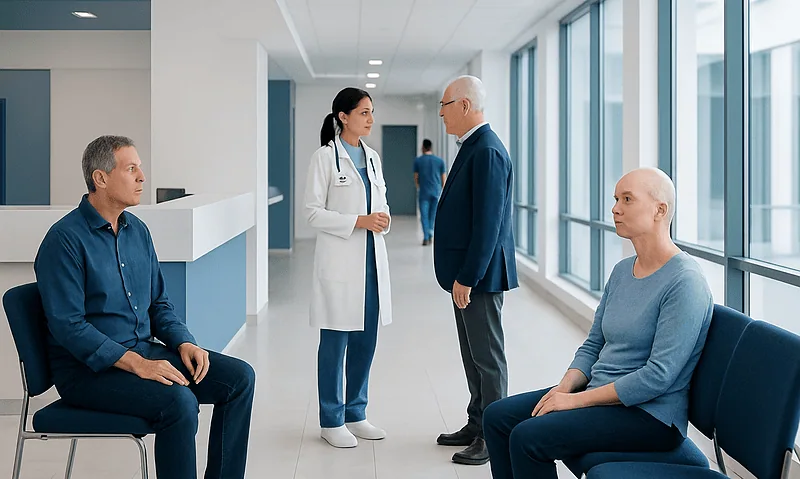 Patients and doctor in hospital corridor discussing treatment options.