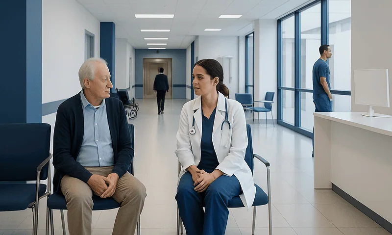 Doctor consulting elderly patient in hospital corridor with staff in background.