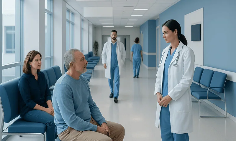 Medical consultation in a hospital corridor with doctor and patients.