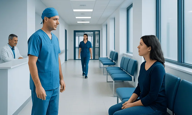 Medical consultation in hospital corridor with healthcare professionals and patient.
