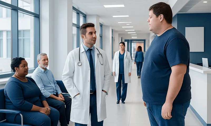 Doctor consulting with patient in hospital corridor with waiting group.