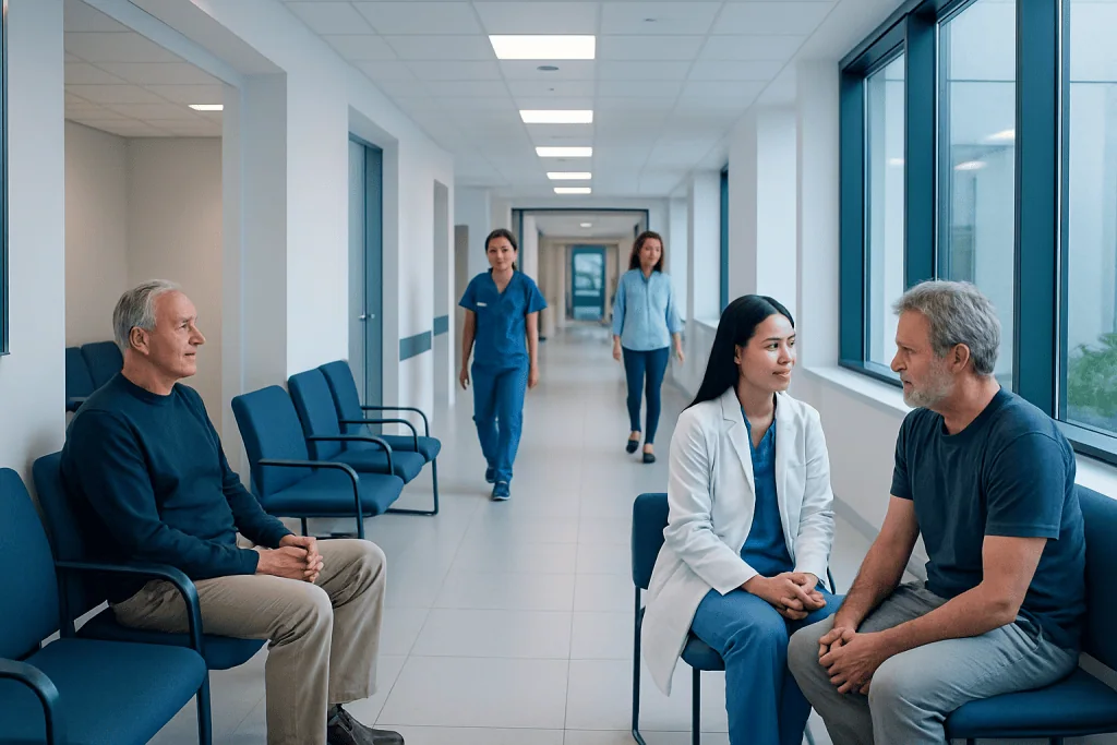 Preparing for a Sleep Neurology Appointment: What to Track and What to Expect 1 Patients and healthcare professionals in a hospital corridor during a consultation.