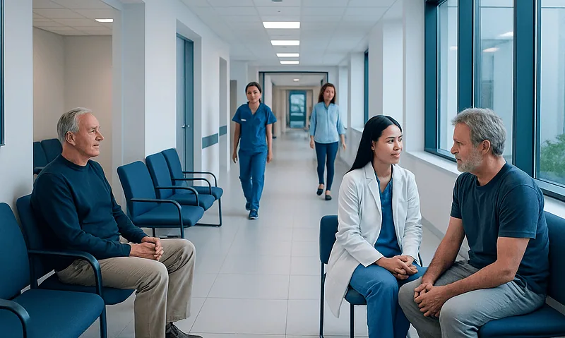 Patients and healthcare professionals in a hospital corridor during a consultation.