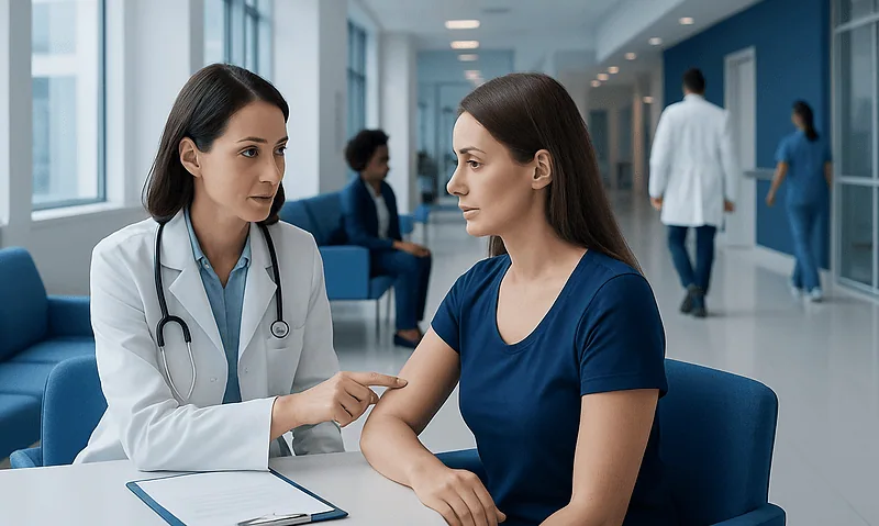 Doctor consulting with a patient in a hospital corridor.