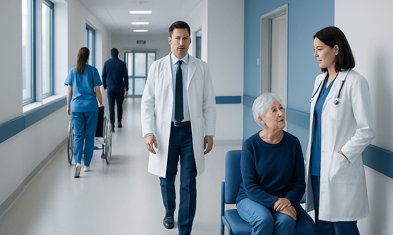 Medical team consulting with elderly patient in hospital corridor.