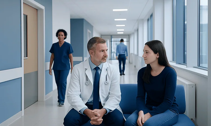 Doctor consulting with a patient in a hospital corridor.