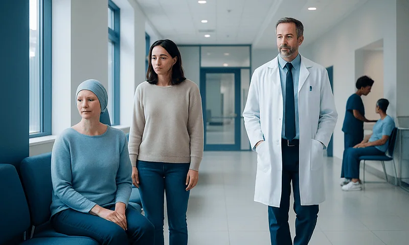 How Long Is Cancer Treatment Recovery? A Practical Timeline 17 Patient and visitors in hospital corridor with medical staff and waiting area.