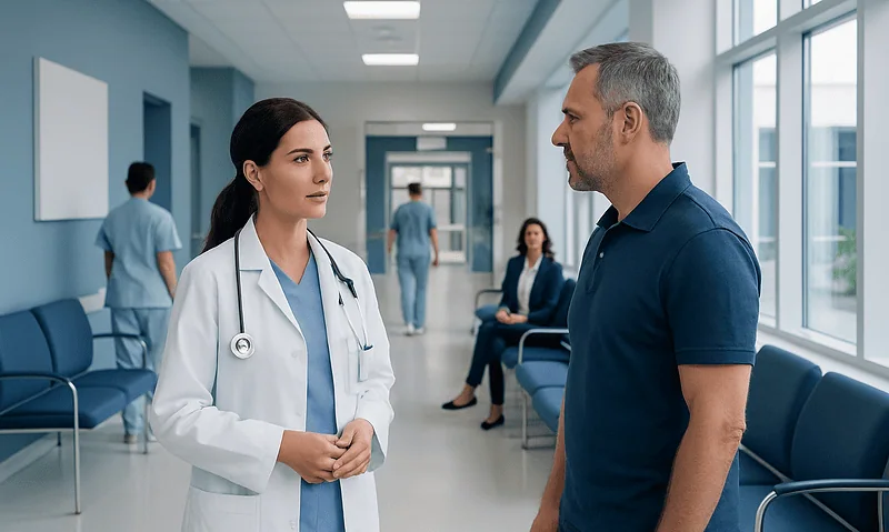 Doctor and patient having a consultation in a hospital corridor.