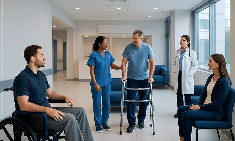 Healthcare professionals assisting a patient in a hospital corridor.