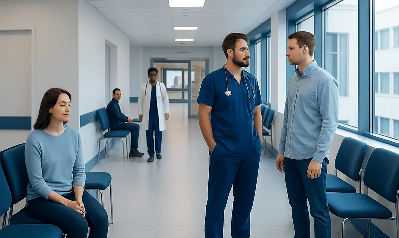Medical professionals and patient in a hospital corridor.